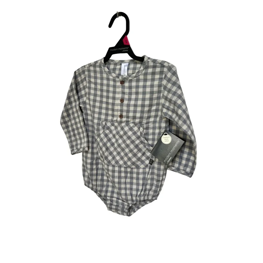 Modern Moments by Gerber Baby Gingham Henley Romper Slate Gray 18M 67883B01